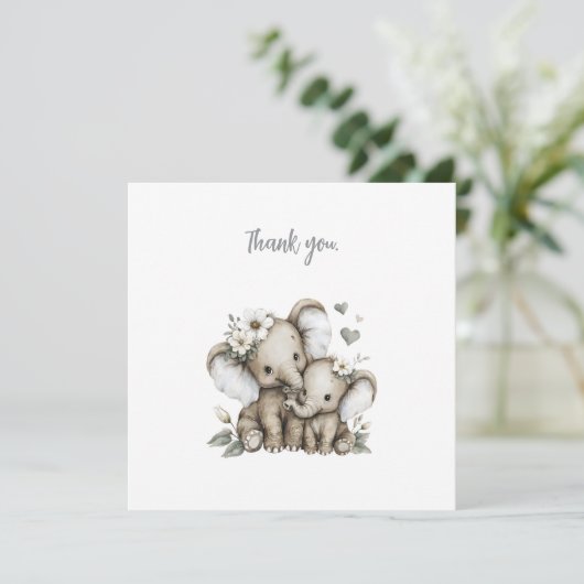 Cute Watercolour Baby Girl Elephants with Flowers Dankeskarte (Stehend Vorderseite)