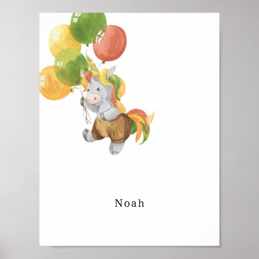 Cute Watercolour Donkey With Balloons Name Poster (Vorne)
