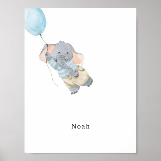 Cute Watercolour Elephant With Balloon Name Poster (Vorne)
