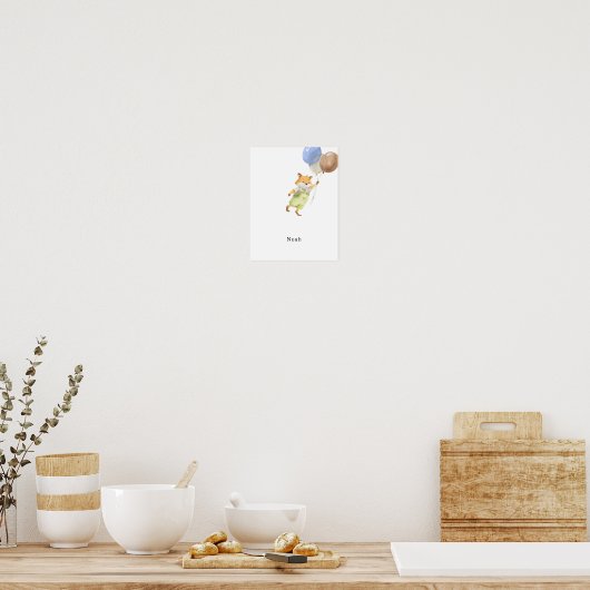 Cute Watercolour Fox With Balloons Name Poster (Küche)