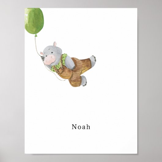 Cute Watercolour Hippo With Balloon Name Poster (Vorne)