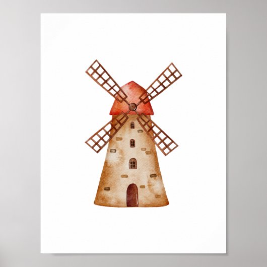 Cute Watercolour Mill Farm Windmill Poster (Vorne)