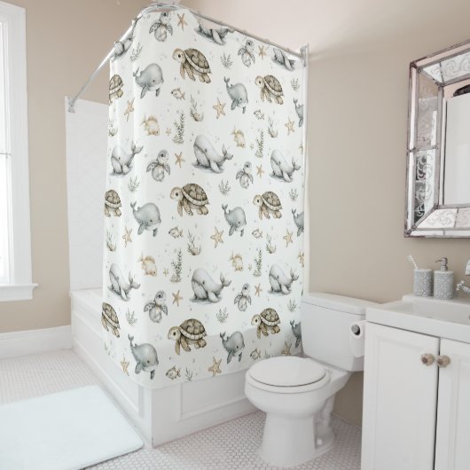 Cute Watercolour Ocean Baby Animals Duschvorhang (Beispiel)