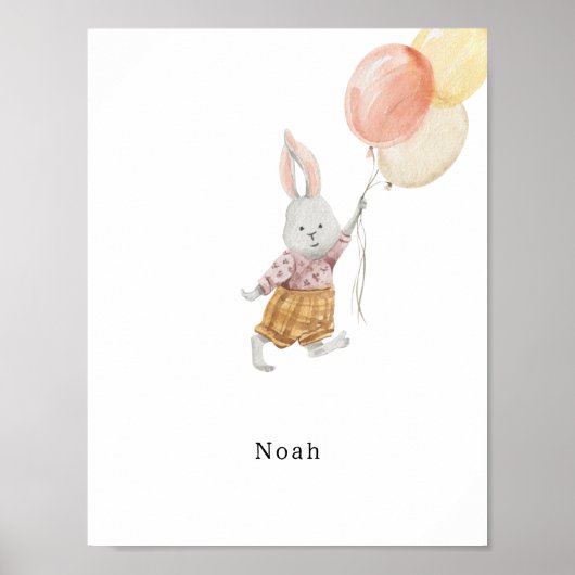 Cute Watercolour Rabbit With Balloons Name Poster (Vorne)