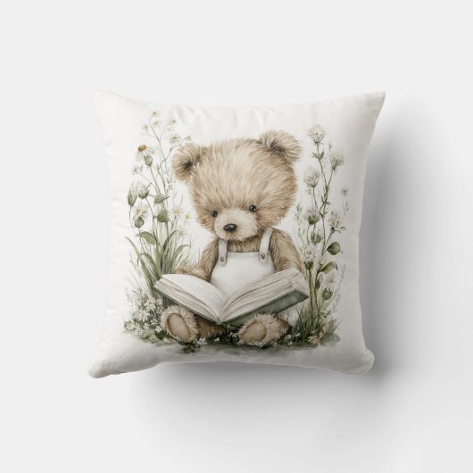 Cute Watercolour Teddy Bear reading a book Kissen (Rückseite)