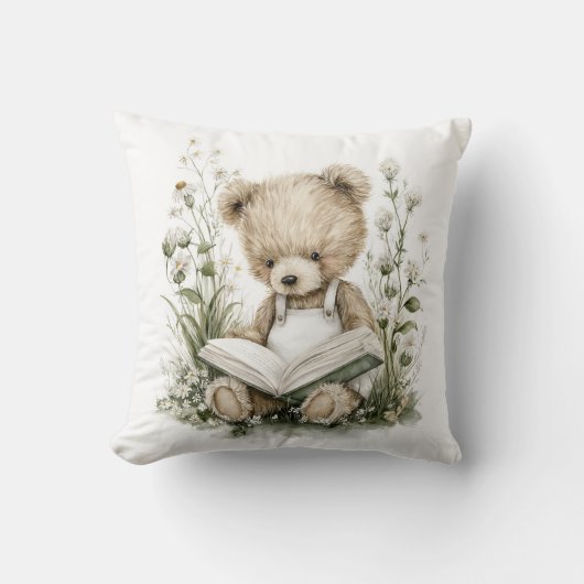 Cute Watercolour Teddy Bear reading a book Kissen (Vorderseite)