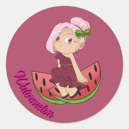 Cute Watermelon Theme Chibi with Sliced Melons Runder Aufkleber