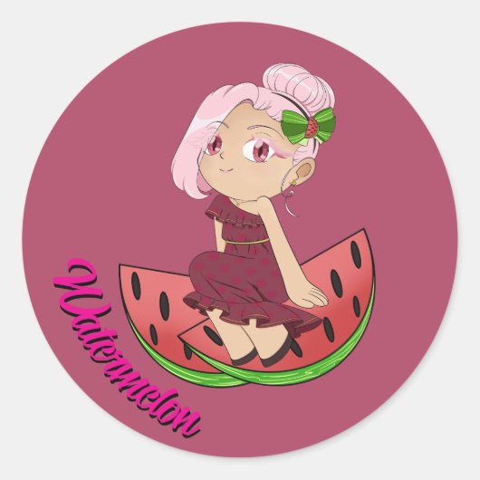 Cute Watermelon Theme Chibi with Sliced Melons Runder Aufkleber (Vorderseite)