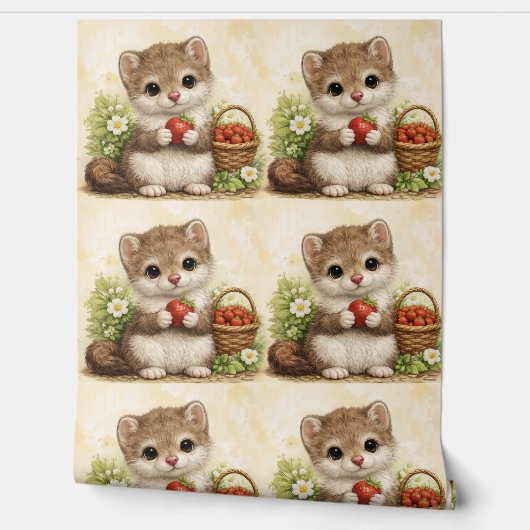 Cute Weasel Strawberry Pattern Wallpaper Tapete (Abrollen)