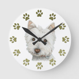 Cute Westie Dog Art and Paws Runde Wanduhr
