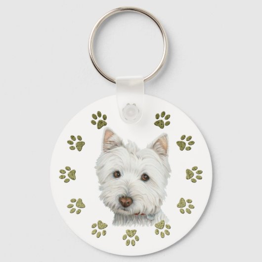Cute Westie Dog Art and Paws Schlüsselanhänger (Vorderseite)