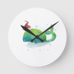 Cute Whale with Santa Hat Runde Wanduhr