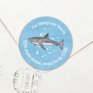 Cute Whimsical Blue Ocean Sharks Return Address Runder Aufkleber