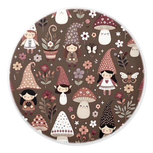 Cute Whimsical Brown Fairy Gnome Elves Keramikknauf (Vorderseite)