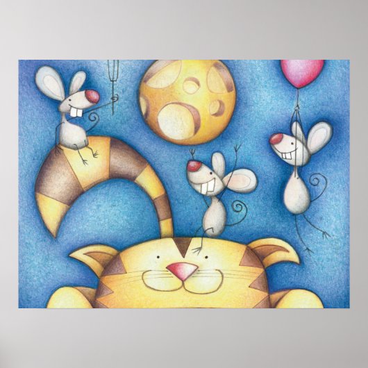 Cute Whimsical Cat and Mouse Moon Art Poster (Vorne)