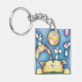 Cute Whimsical Cat and Mouse Moon Art Schlüsselanhänger (Vorderseite links)