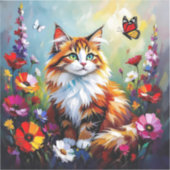 Cute Whimsical Cat, Flowers and Butterflies Aufkleber (Vorderseite)