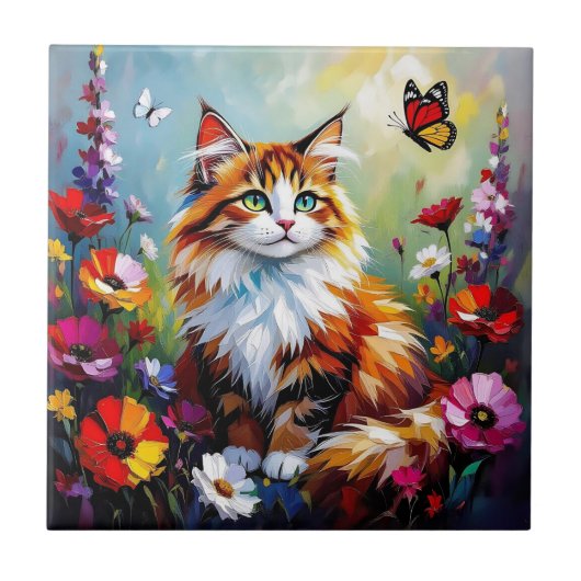 Cute Whimsical Cat, Flowers and Butterflies Fliese (Vorderseite)