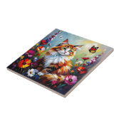 Cute Whimsical Cat, Flowers and Butterflies Fliese (Seite)