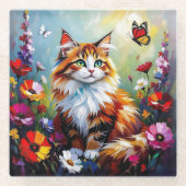 Cute Whimsical Cat, Flowers and Butterflies Glasuntersetzer (Vorderseite)