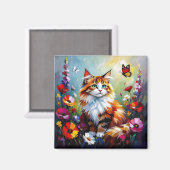 Cute Whimsical  Cat, Flowers and Butterflies Magnet (Vorderseite/Rückseite)