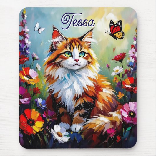 Cute Whimsical Cat, Flowers and Butterflies Mousepad (Vorne)