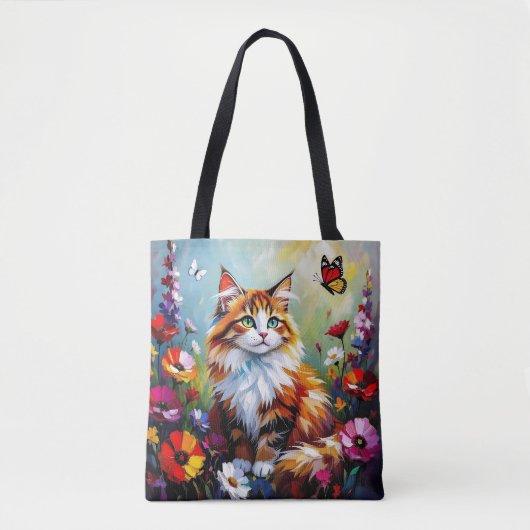 Cute Whimsical Cat, Flowers and Butterflies Tasche (Vorderseite)