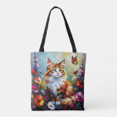 Cute Whimsical Cat, Flowers and Butterflies Tasche (Rückseite)
