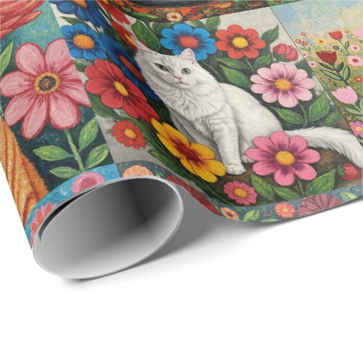 Cute Whimsical Cats and Folk Art Flowers Geschenkpapier (Rolleneckpunkt)