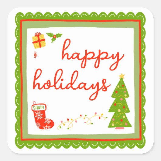 Cute Whimsical Christmas Icons HAPPY HOLIDAYS Quadratischer Aufkleber (Vorderseite)