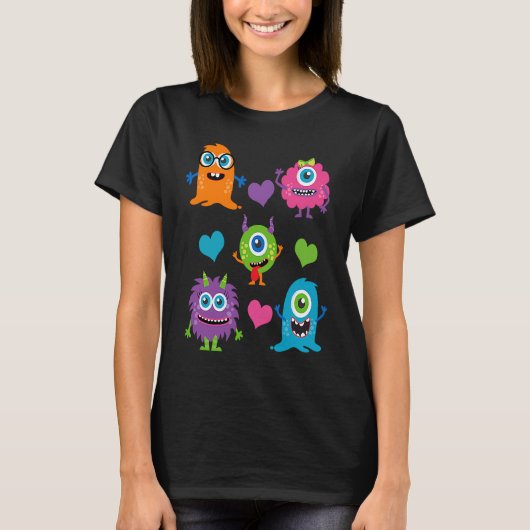 Cute Whimsical Colorful Little Monsters With Heart T-Shirt (Vorderseite)