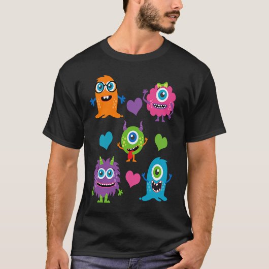 Cute Whimsical Colorful Little Monsters With Heart T-Shirt (Vorderseite)