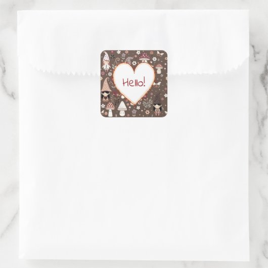 Cute Whimsical Fair Gnomes and Mushrooms Hello Quadratischer Aufkleber (Tasche)