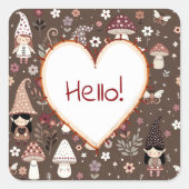 Cute Whimsical Fair Gnomes and Mushrooms Hello Quadratischer Aufkleber (Vorderseite)