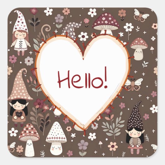 Cute Whimsical Fair Gnomes and Mushrooms Hello Quadratischer Aufkleber (Vorderseite)