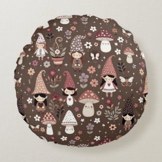 Cute Whimsical Fair Gnomes and Mushrooms Rundes Kissen