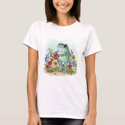 Cute Whimsical Frog In Flower Garden Illustration T-Shirt (Vorderseite)