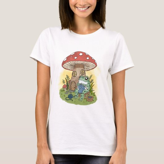 Cute Whimsical Frog Knitting Illustration T-Shirt (Vorderseite)