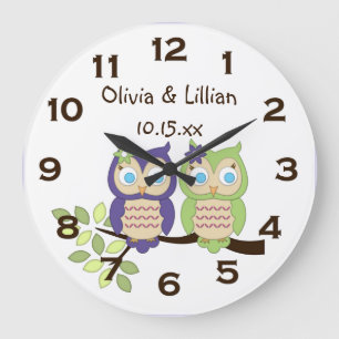 Cute Whimsical Girl Owl Twins Wall Clock Große Wanduhr