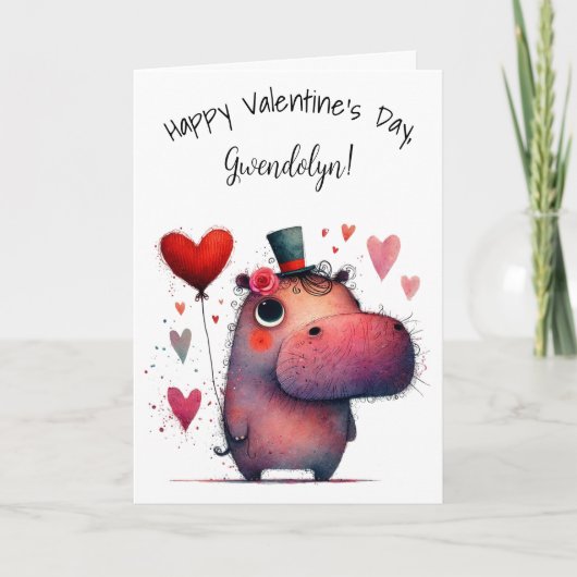 Cute Whimsical Hippo Happy Valentine's Day Karte (Vorderseite)