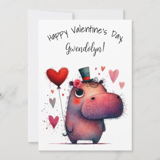 Cute Whimsical Hippo Valentine's Day Flat Karte (Vorderseite)