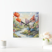 Cute Whimsical nursery gnome forest wall clock Quadratische Wanduhr (Zuhause)