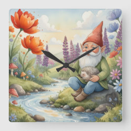 Cute Whimsical nursery gnome forest wall clock Quadratische Wanduhr