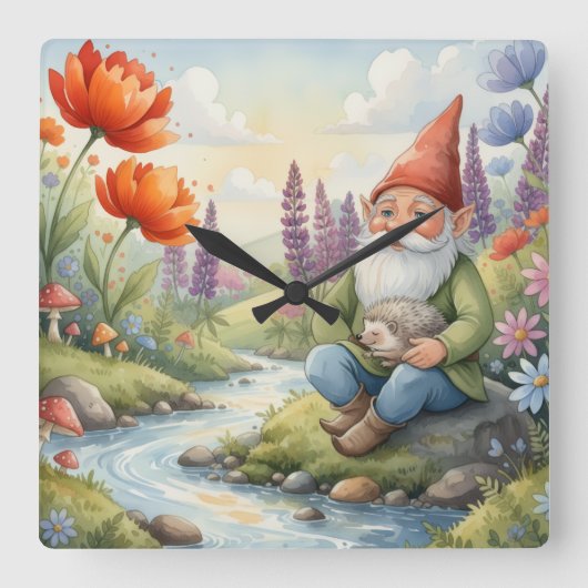 Cute Whimsical nursery gnome forest wall clock Quadratische Wanduhr (Vorderseite)