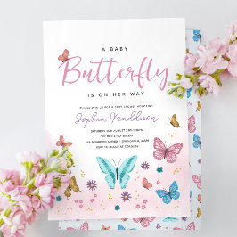 Cute Whimsical Pink Butterfly Girls Baby Shower Einladung