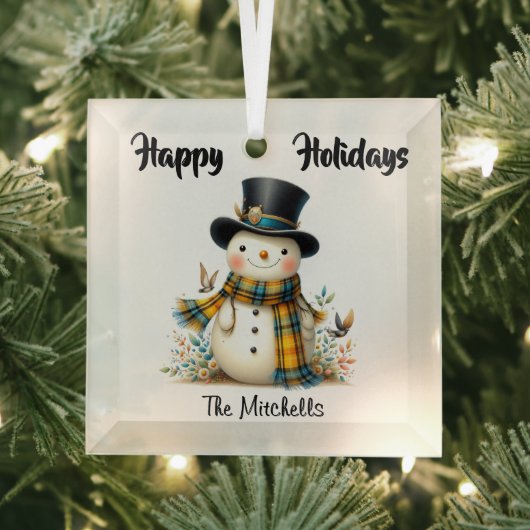 Cute Whimsical Snowman Glass Ornament (Insitu)