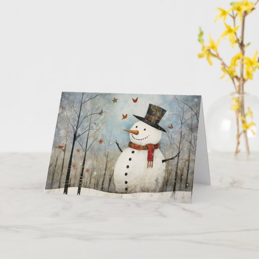 Cute Whimsical Snowman in a Top Hat Holiday Karte (Gelbe Blume)