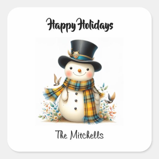 Cute Whimsical Snowman Square Sticker (Vorderseite)