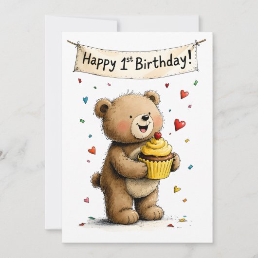 Cute Whimsical Teddy Bear Happy 1st Birthday Flat Karte (Vorderseite)