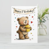 Cute Whimsical Teddy Bear Happy 1st Birthday Flat Karte (Stehend Vorderseite)